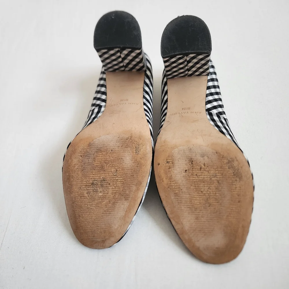 Ann Taylor gingham block heel‎ pumps heels shoes black white round toe 8.5